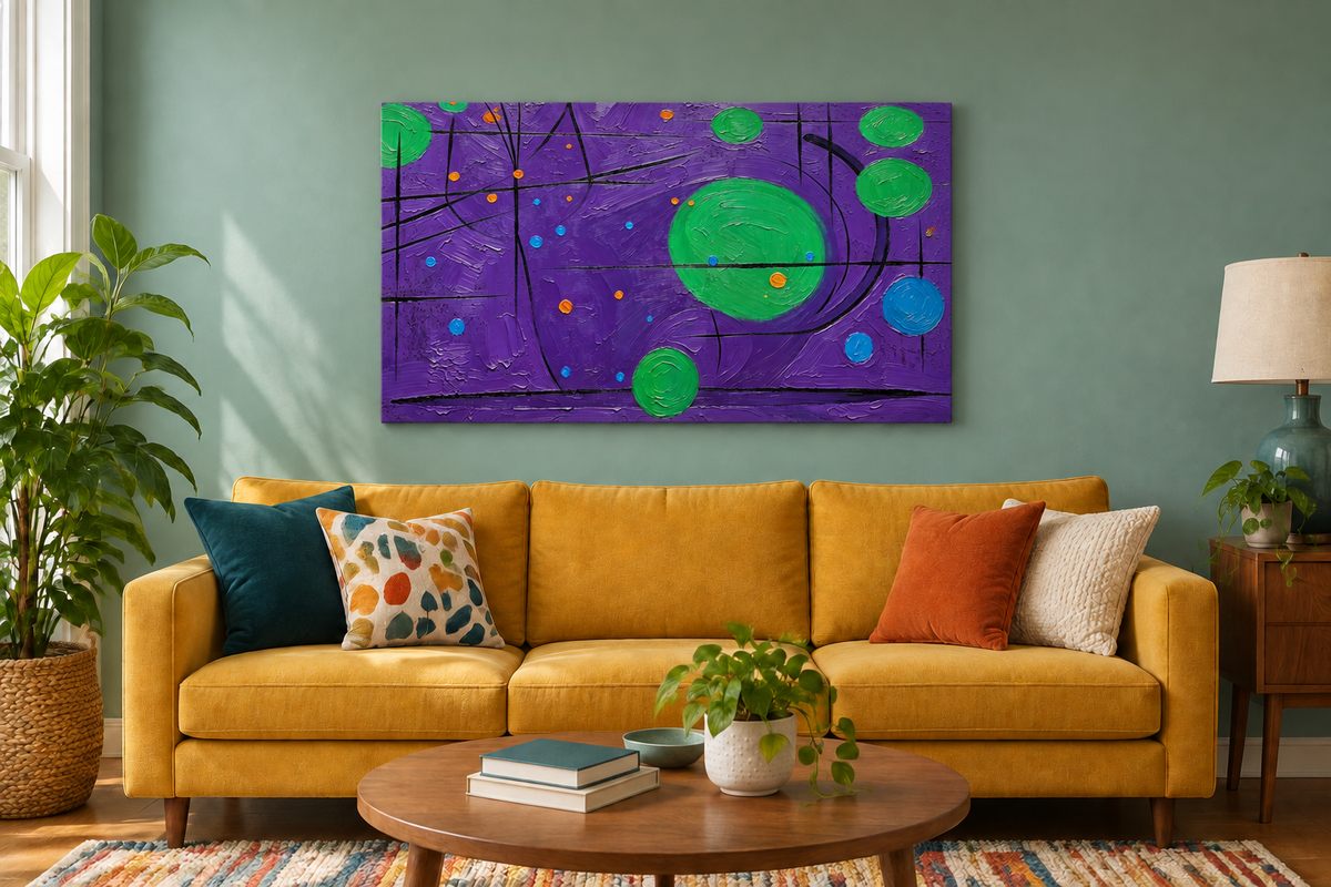 Purple Cat Canvas Art displayed above a yellow sofa in a living room
