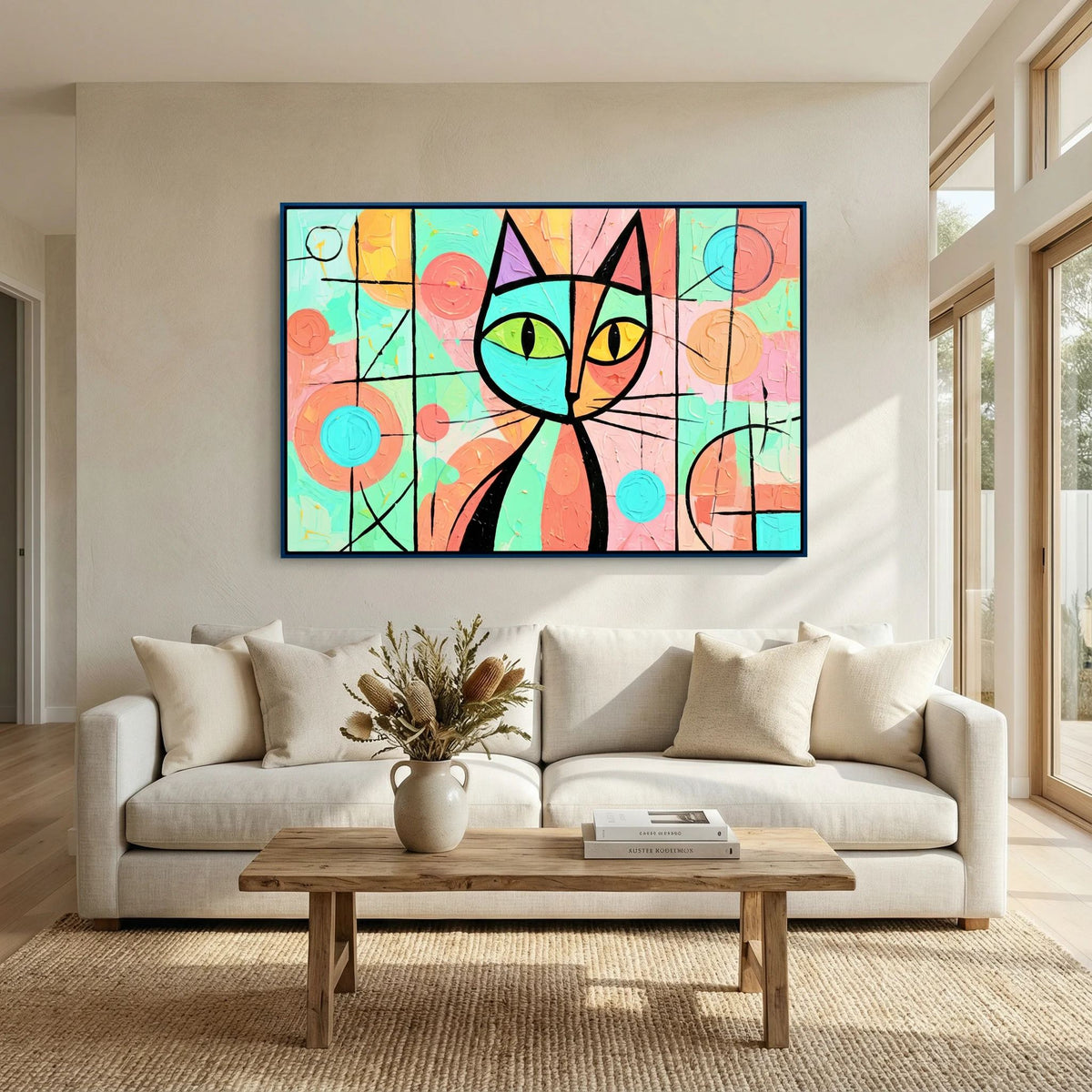 Stained Glass Whiskers 2 pastel cat canvas wall art in a blue frame above a cream sofa