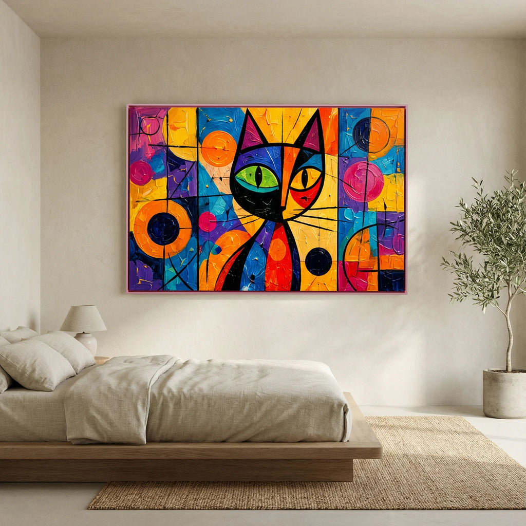 Stained Glass Whisker colourful abstract cat canvas wall art in a pink frame above a bed