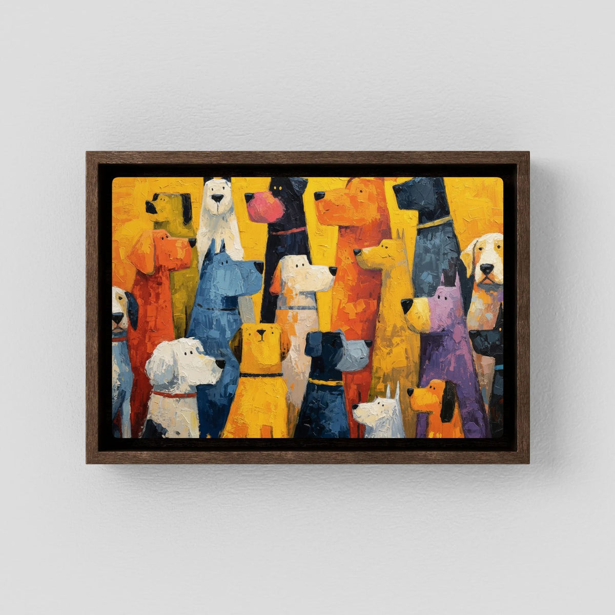 Dark wood-framed close-up of colourful stylised dog canvas wall art against a yellow-orange background.