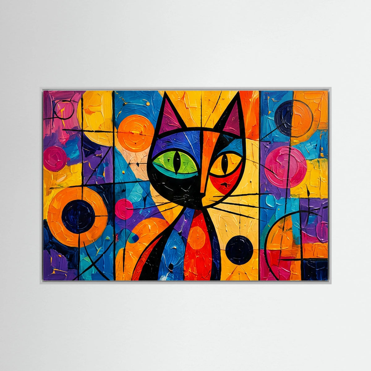 Stained Glass Whisker colourful geometric cat canvas wall art in a white frame