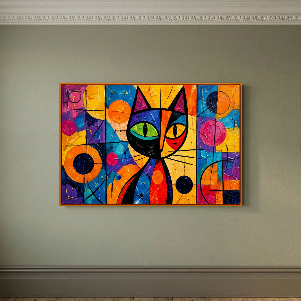 Stained Glass Whisker colourful cat canvas wall art in an orange frame on a muted green wall