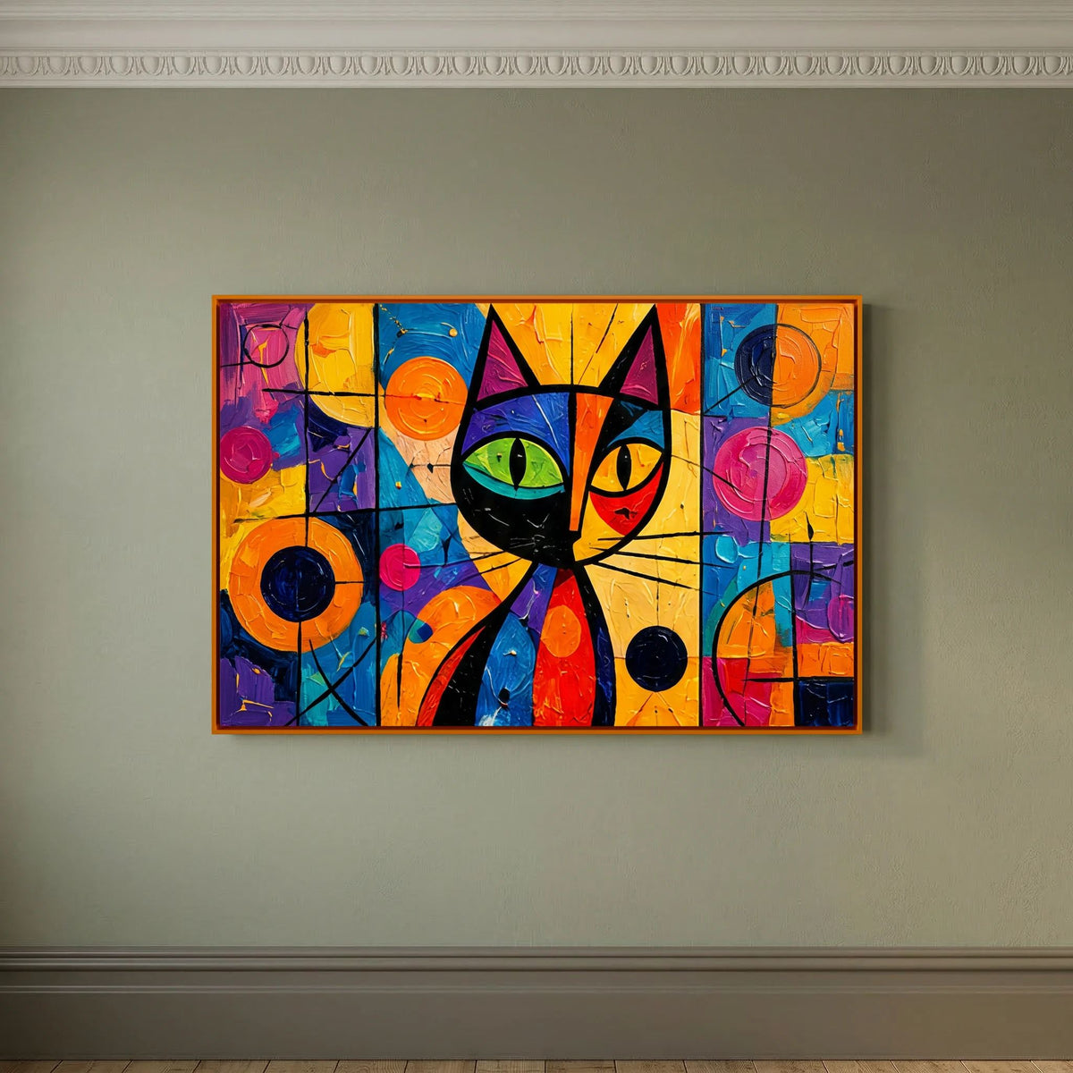 Stained Glass Whisker colourful cat canvas wall art in an orange frame on a muted green wall