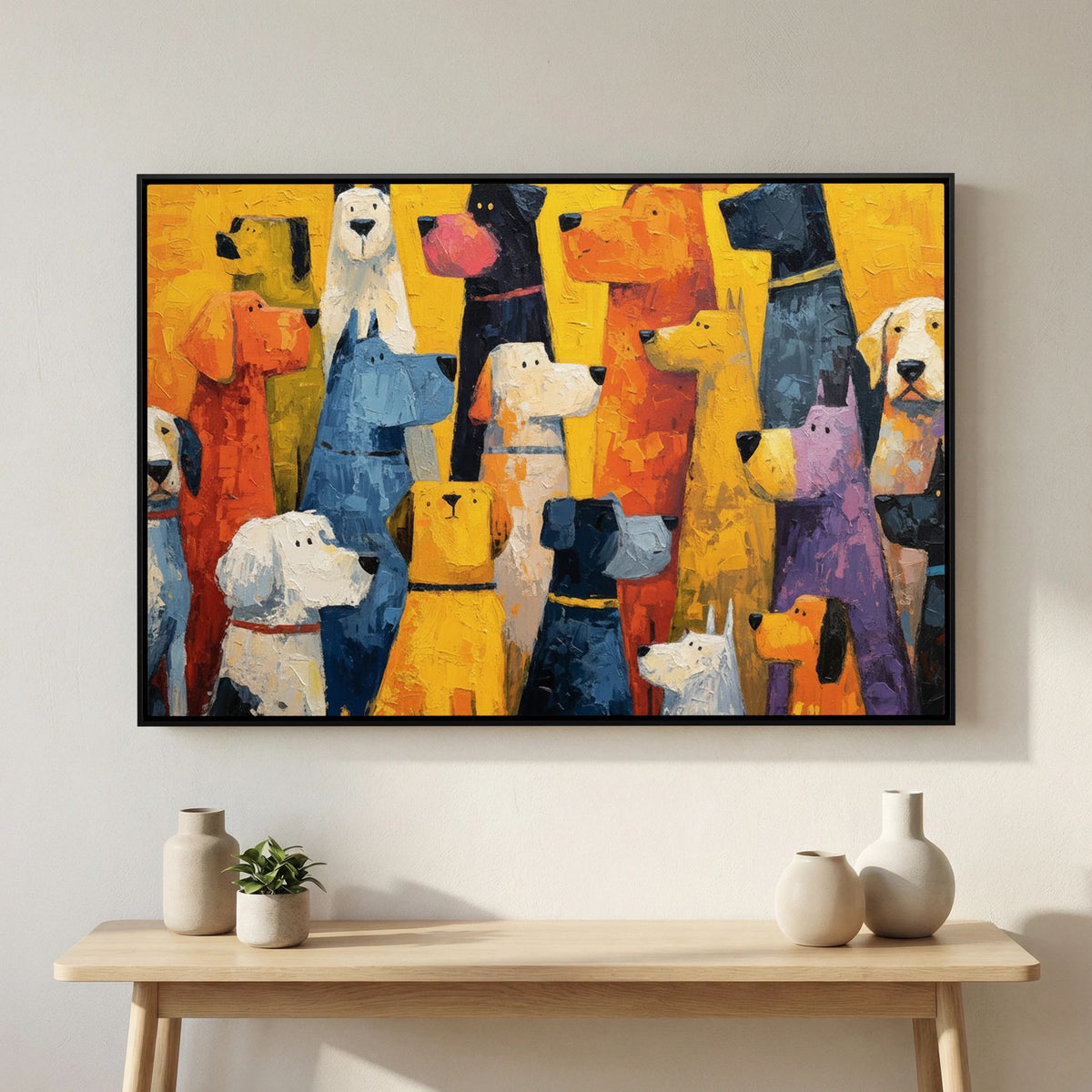 Black-framed close-up of colourful dog canvas wall art above a wooden console with pale ceramic vases and a plant.