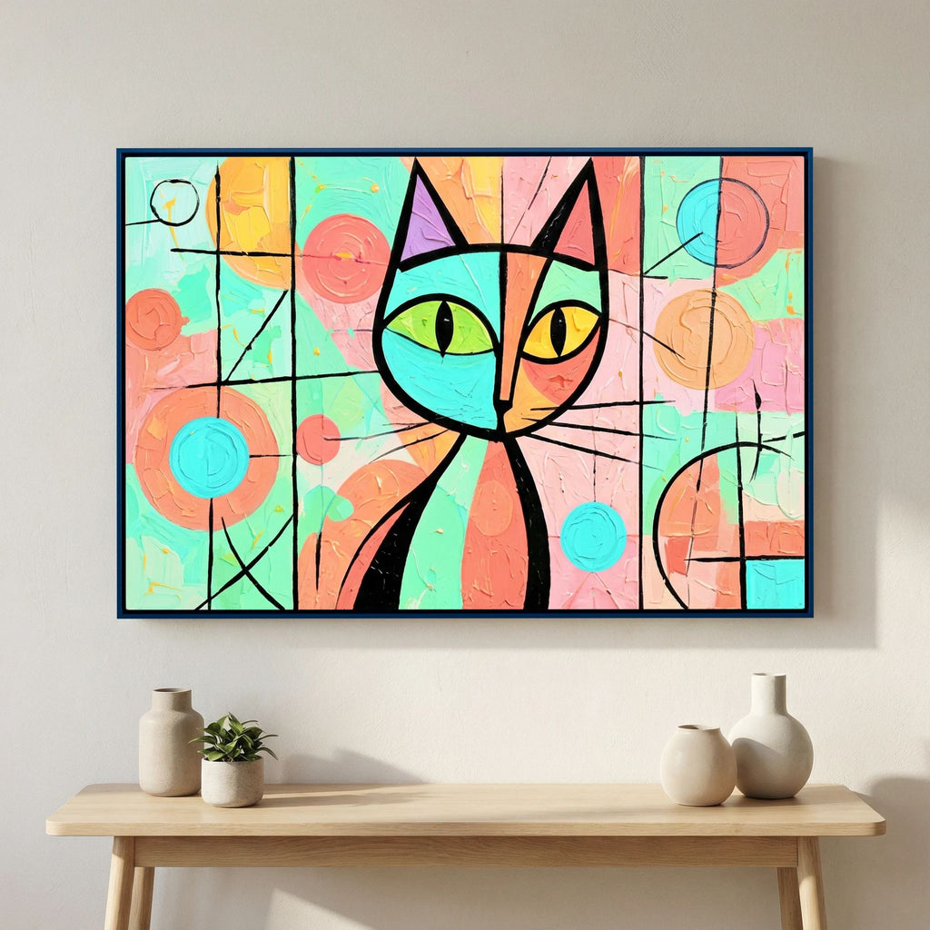Stained Glass Whiskers 2 pastel cat canvas wall art in a blue frame above a wooden console