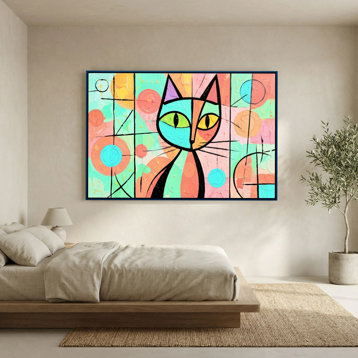Stained Glass Whiskers 2 pastel cat canvas wall art in a blue frame above a low wooden bed
