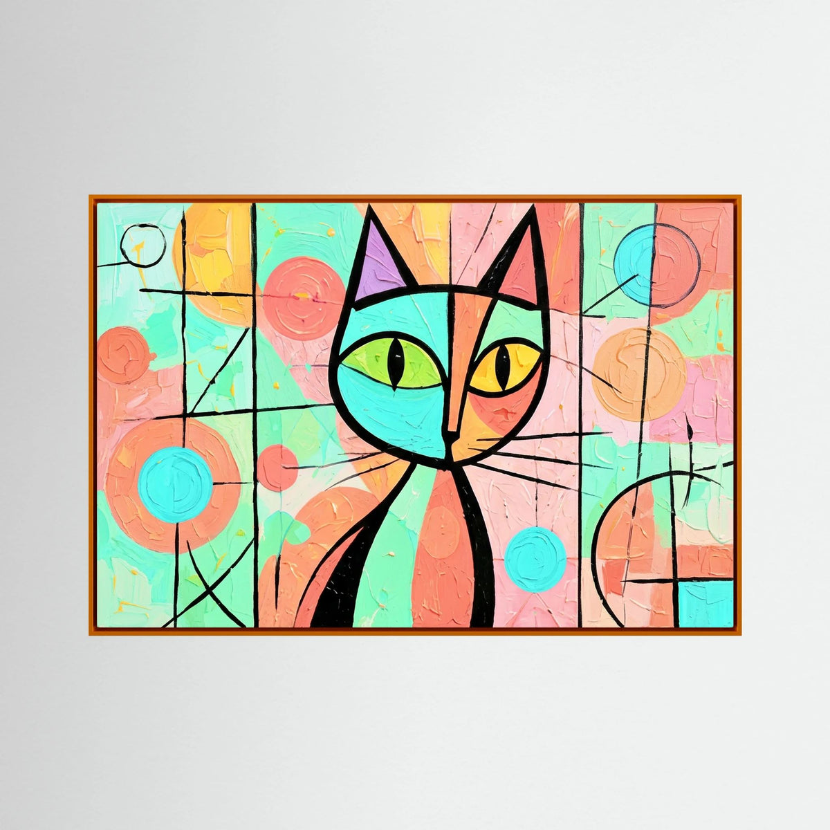 Stained Glass Whiskers 2 pastel geometric cat canvas wall art in an orange frame