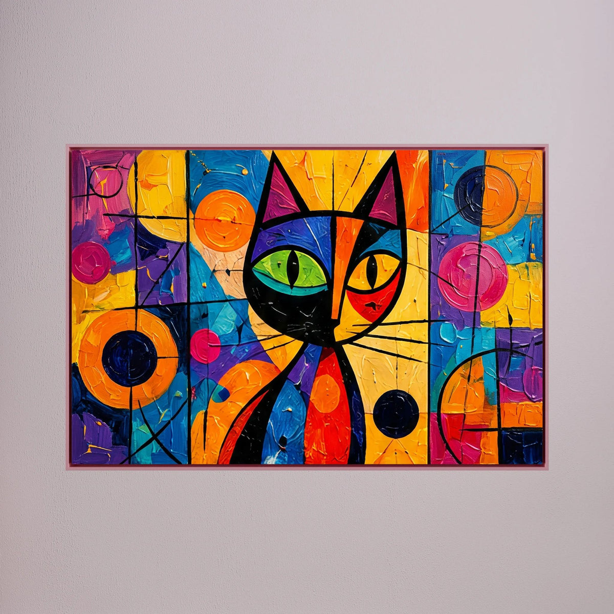 Stained Glass Whisker abstract cat canvas wall art in a pink frame on a textured pale pink wall