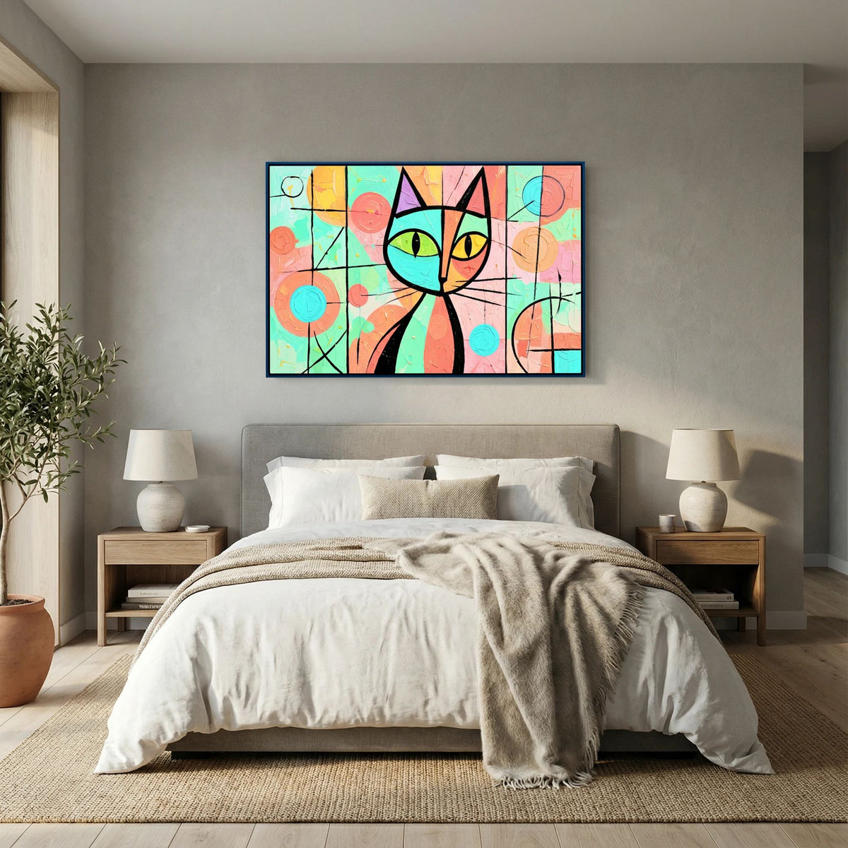 Stained Glass Whiskers 2 pastel cat canvas wall art in a blue frame above a bed with matching bedside lamps