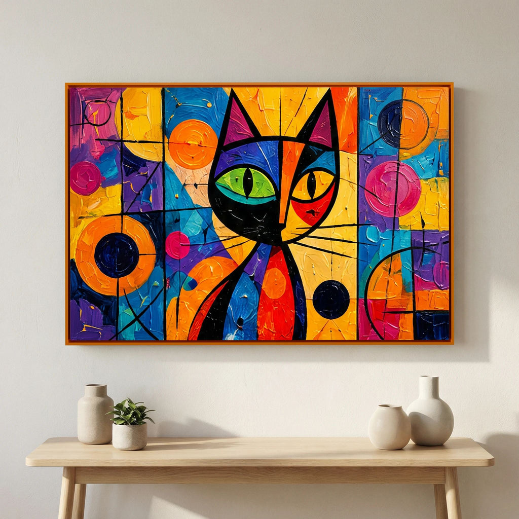 Stained Glass Whisker abstract cat canvas wall art in an orange frame above a wooden console