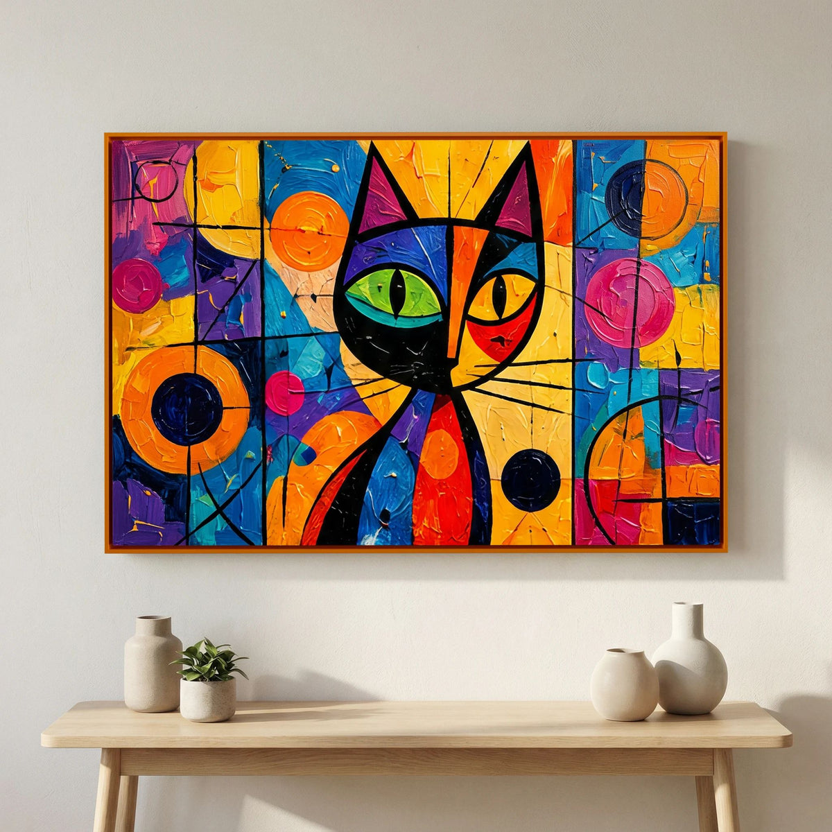 Stained Glass Whisker abstract cat canvas wall art in an orange frame above a wooden console