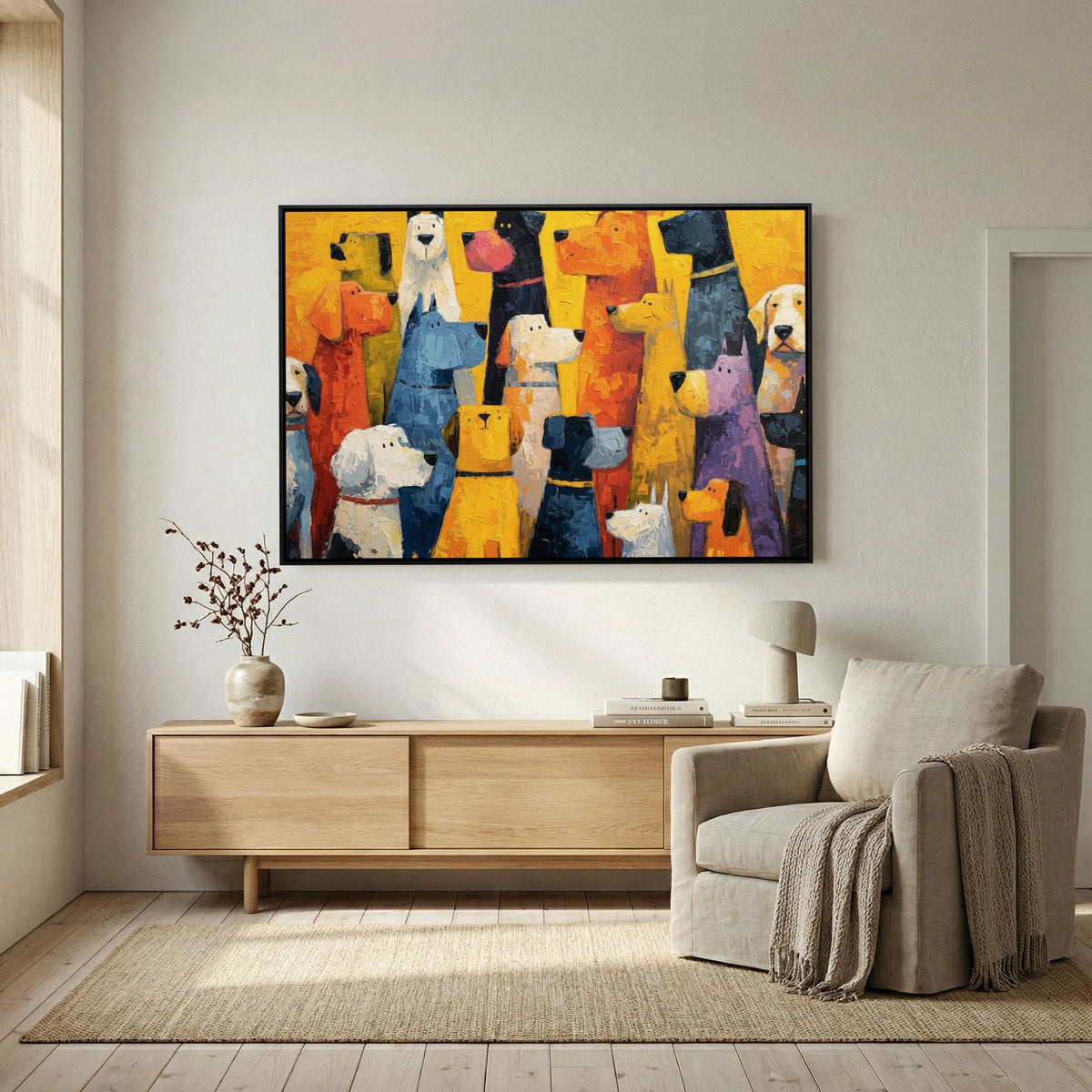 Black-framed colourful dog canvas wall art above a wooden sideboard beside a cream armchair with a knitted throw.