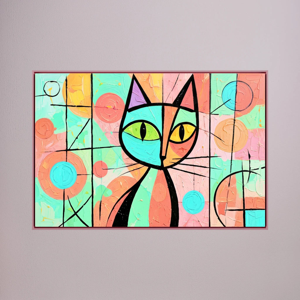 Stained Glass Whiskers 2 pastel cat canvas wall art in a pink frame on a textured pale pink wall