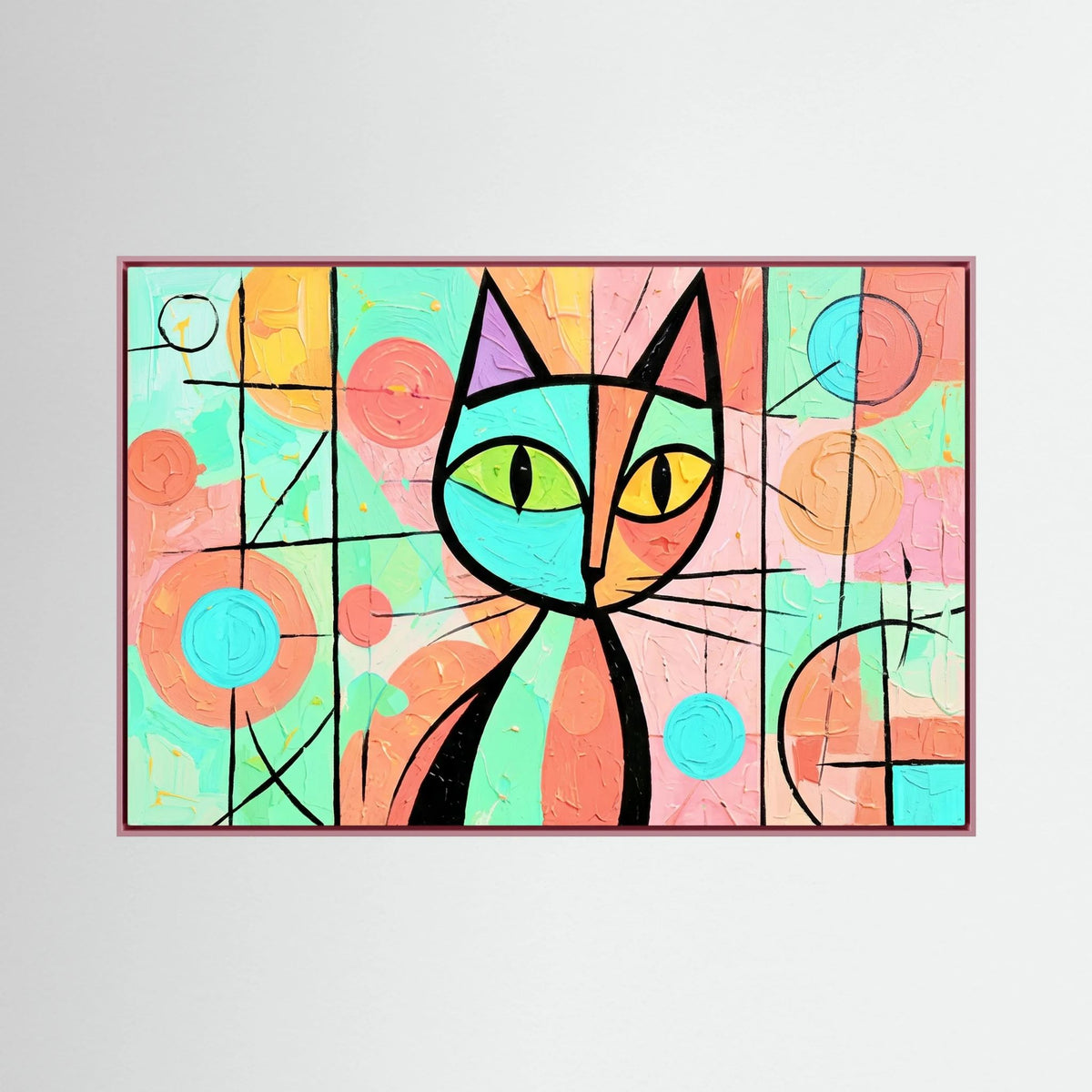 Stained Glass Whiskers 2 pastel geometric cat canvas wall art in a pink frame