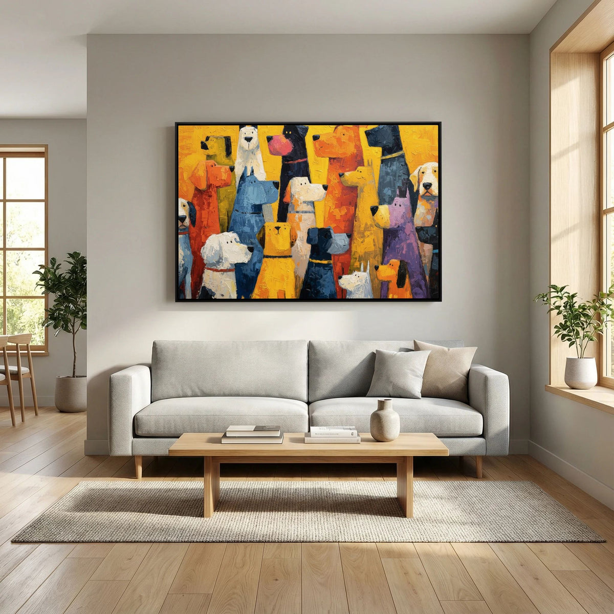 Black-framed colourful dog canvas wall art above a light grey sofa in a bright room with a wooden coffee table and plants.