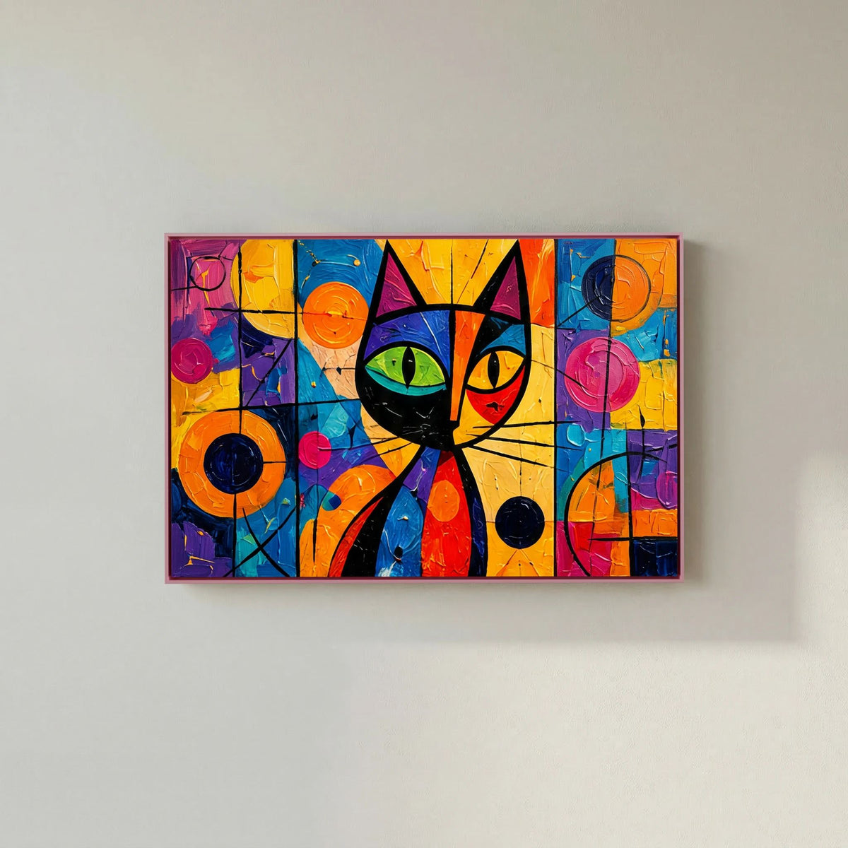 Stained Glass Whisker colourful geometric cat canvas wall art in a pink frame on a pale wall