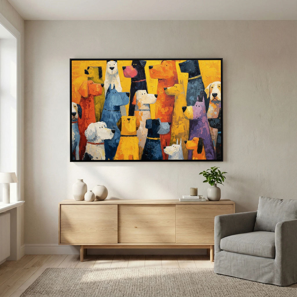 Black-framed colourful dog canvas wall art above a wooden sideboard with ceramic vases and a plant, beside a grey armchair.