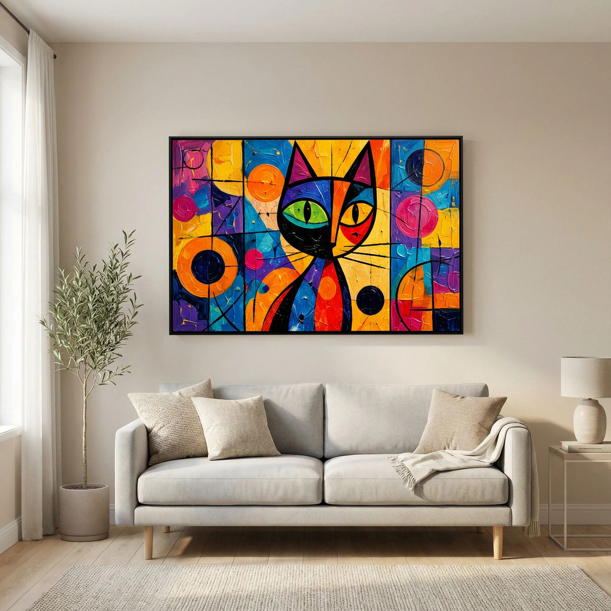 Stained Glass Whisker colourful abstract cat canvas wall art in a black frame above a cream sofa